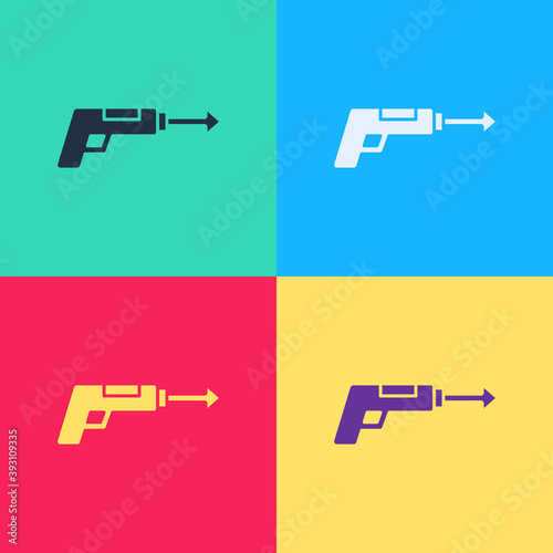 Pop art Fishing harpoon icon isolated on color background. Fishery manufacturers for catching fish under water. Diving underwater equipment. Vector.