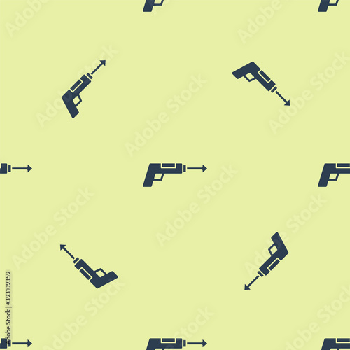 Blue Fishing harpoon icon isolated seamless pattern on yellow background. Fishery manufacturers for catching fish under water. Diving underwater equipment. Vector.