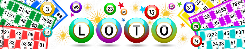 Bannière avec boules et cartes de loto multicolores sur fond blanc 