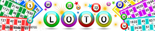 Bannière avec boules et cartes de loto multicolores sur fond blanc 