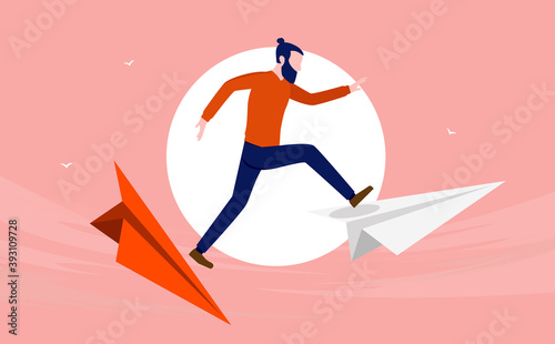 Taking risks in life - casual man jumping from old life to new opportunities, going forward concept. Vector illustration.