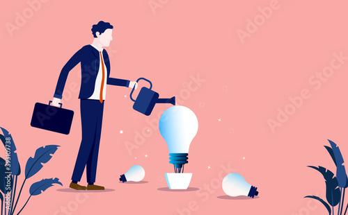 Creating ideas - Man watering a flowerpot with lightbulb. Growing and nurturing ideas concept. Vector illustration.