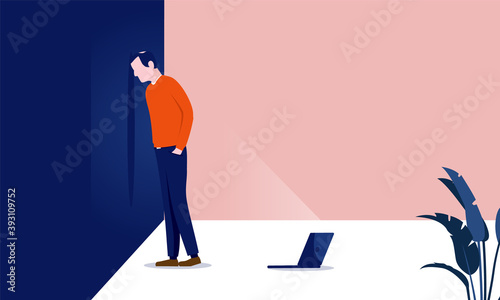 Banging head against wall - Man having a hard time trying to solve problem, laptop on floor. Giving up, difficulty and hard work concept. Vector illustration.