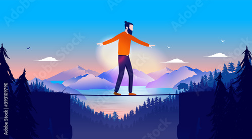 Taking chances in life - Casual man balancing on line in high altitude with landscape in background. Challenge yourself, life balance and motivation concept. Vector illustration.