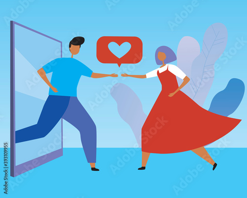 Video communication, online dating as a concept of romance, couples in love, long distance relationships, flat vector stock illustration with a man and a woman