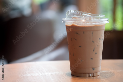 Iced coffee mocha with lid design for drink for reduce use of straw.