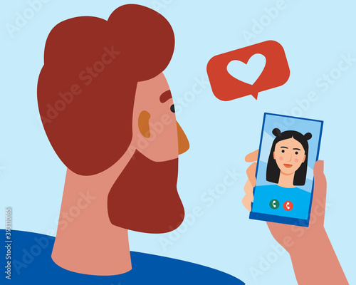 Online dating as a concept of romance, couples in love, long distance relationships, flat vector stock illustration with smartphone