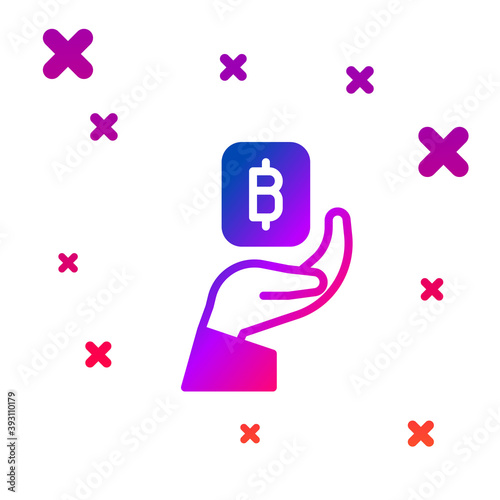 Color Hand holding Bitcoin icon isolated on white background. Blockchain technology, digital money market, cryptocoin wallet. Gradient random dynamic shapes. Vector.