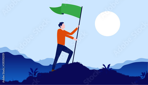 Personal triumph - Man celebrating life goals and victory by raising green flag on hilltop with landscape and sun in background. Vector illustration.