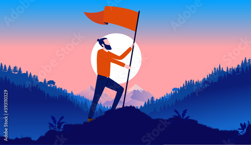 Personal motivation - Casual young man raising motivational flag. Self development and success concept. Vector illustration.