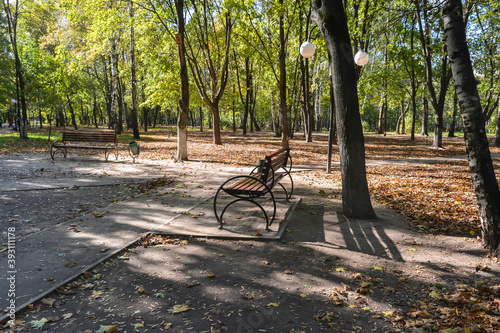 Bench in the autumn park. © sergunt