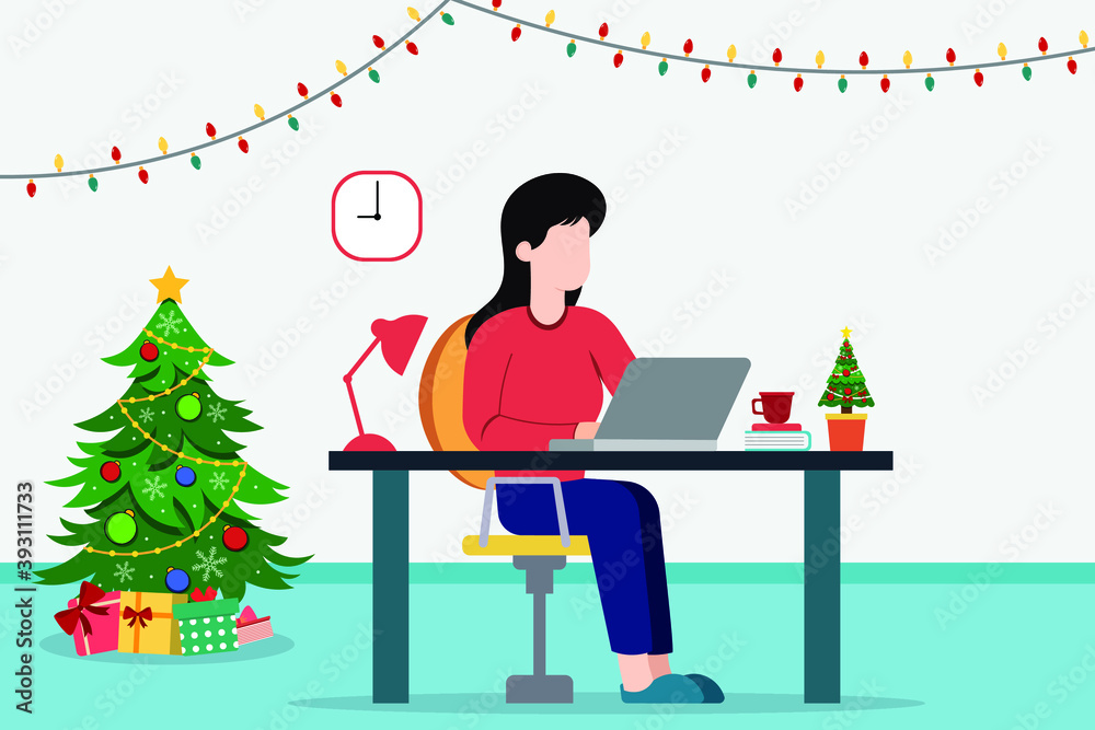 Work from Home during winter season Illustration .Business woman character.Vector illustration Work from Home during winter season Illustration .Business woman character.Vector illustration