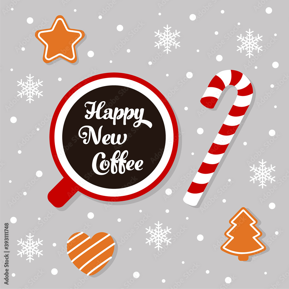 Happy New Coffee. Cup of coffee with an inscription, cookies and a lollipop on a background with snowflakes. Vector New Year card