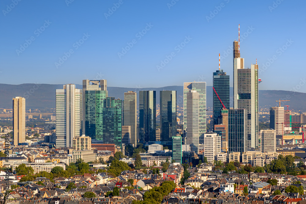 Summer morning view on the city centre skyline of Frankfurt, the financial center of the Germany.