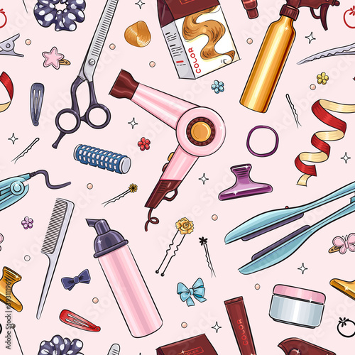 Seamless pattern with hairdressing salon objects