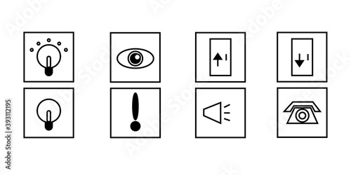 Set of vector icons with prompts to turn on, off, enter, exit, watch, attention, sound, call