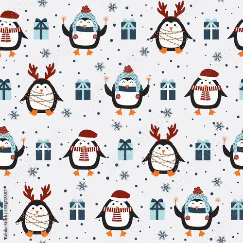 Christmas seamless pattern with penguin background, Winter pattern, wrapping paper, winter greetings, web page background, Christmas and New Year greeting cards