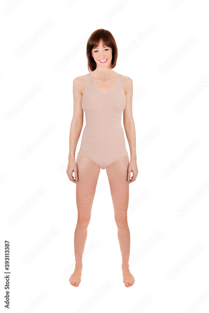 Full length portrait of a beautiful laughing woman wearing a beige swimsuit, isolated on white studio background Full length portrait of a beautiful laughing woman wearing a beige swimsuit, isolated on white studio background