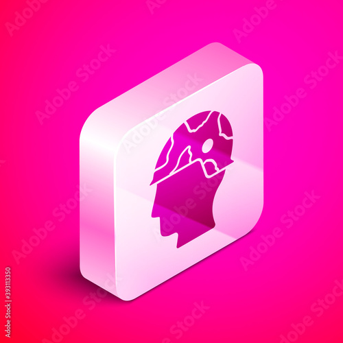 Isometric Army soldier icon isolated on pink background. Silver square button. Vector.