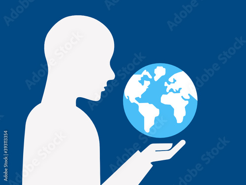 Monopoly practice illustration. Line art illustration, human silhouette holding a globe. 