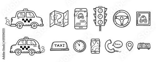 Hand drawn doodle Taxi set of icons. Traffic light, cars, signs. Vector illustration in black colour