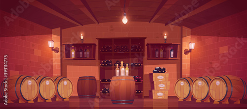 Wine shop, cellar interior with wooden barrels, shelves with glass bottles, boxes with production and glow lamps or candles. Alcohol beverage store in building basement. Cartoon vector illustration