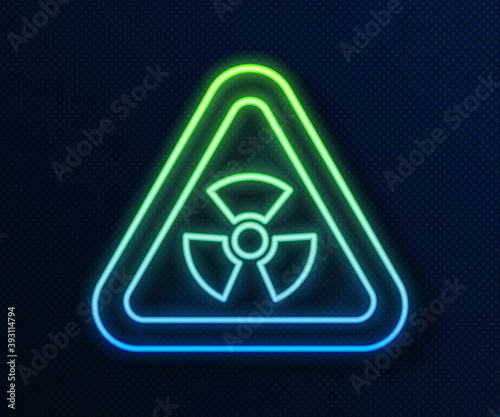 Glowing neon line Triangle sign with radiation symbol icon isolated on blue background. Vector.