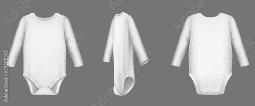 Baby body, white bodysuit or romper mockup front, back and side view. Blank children shirt, onesie, clothes for newborn kids isolated on grey background. Realistic 3d vector illustration, mock up set