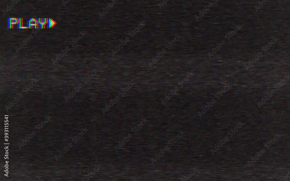 Old damaged VHS tape playing, over noise from an analog TV, with a PLAY