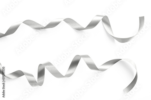Silver ribbon isolated on white background with clipping path for Christmas gift template decoration