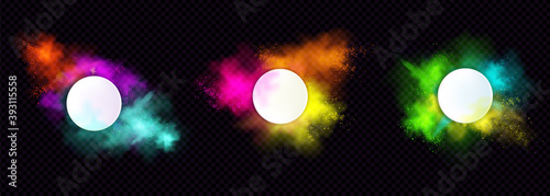 Powder Holi paints round frames colorful clouds or explosions, ink splashes, decorative vibrant dye borders isolated on black background, traditional indian holiday. Realistic 3d vector illustration