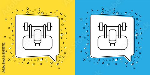 Set line Bench with barbel icon isolated on yellow and blue background. Gym equipment. Bodybuilding, powerlifting, fitness concept. Vector.