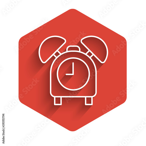 White line Alarm clock icon isolated with long shadow. Wake up, get up concept. Time sign. Red hexagon button. Vector.