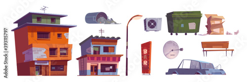 Ghetto buildings, litter bin, broken car, bar signboard, street lamp, carton boxes, ventilation and satellite antenna, abandoned ruined old houses. Dilapidated dirty street isolated cartoon vector set