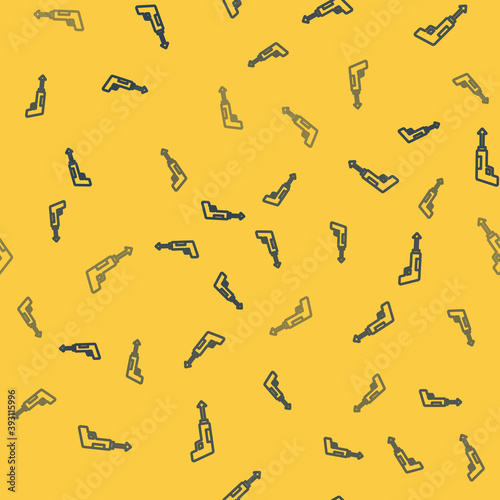 Blue line Fishing harpoon icon isolated seamless pattern on yellow background. Fishery manufacturers for catching fish under water. Diving underwater equipment. Vector.