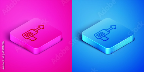 Isometric line Fishing harpoon icon isolated on pink and blue background. Fishery manufacturers for catching fish under water. Diving underwater equipment. Square button. Vector.