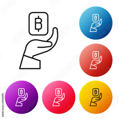 Black line Hand holding Bitcoin icon isolated on white background. Blockchain technology, digital money market, cryptocoin wallet. Set icons colorful circle buttons. Vector.