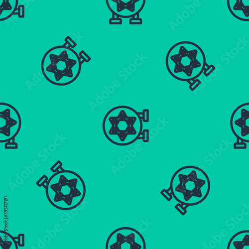 Blue line Jewish synagogue building or jewish temple icon isolated seamless pattern on green background. Hebrew or judaism construction with David star. Vector.