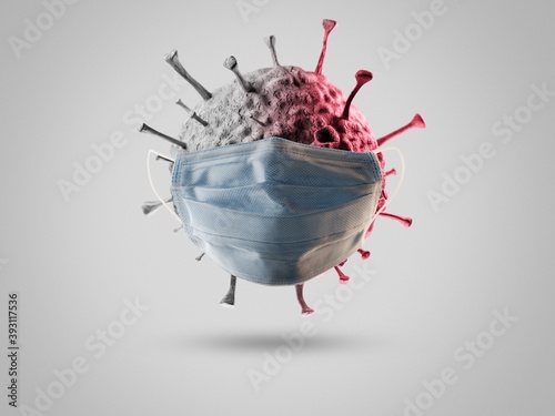Coronavirus with Mask protection, COVID-19 3D render, virus SARS-CoV-2 concept