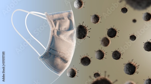 Coronavirus bloked by Mask ,COVID-19 3D render, virus SARS-CoV-2 concept