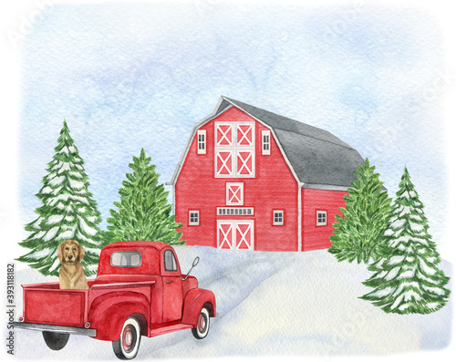 Watercolor winter landscape with red barn, tree, snow, red truck. Farmhouse illustration perfect for Christmas and New Year project, invitations, greeting cards. Watercolor holiday illustration. 