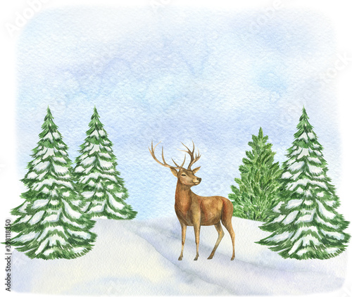 Christmas card with deer. Watercolor winter landscape with deer, tree, snow. Winter woodland illustration perfect for  Christmas and New Year project, invitations, greeting cards. Watercolor holiday i © Larionochka Store