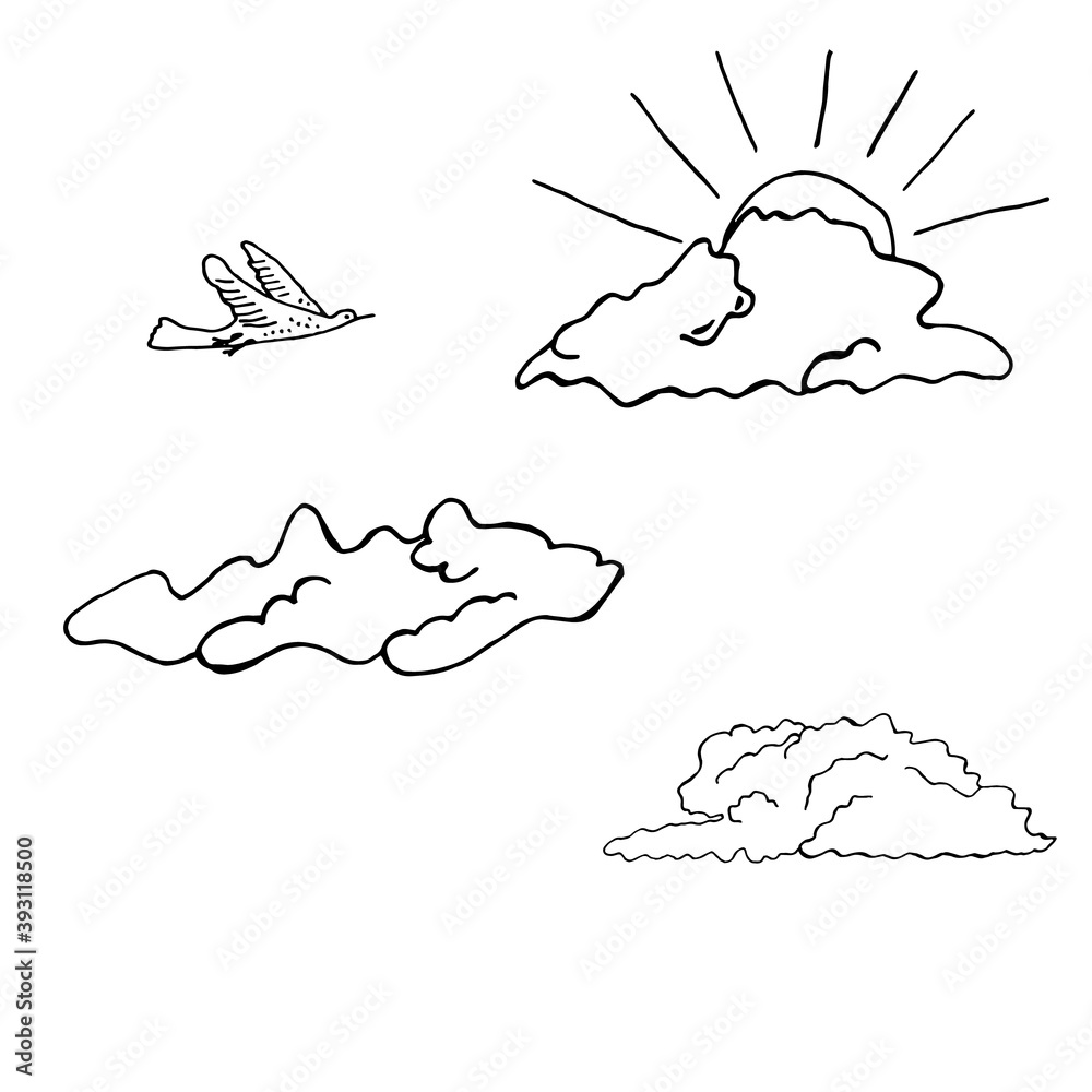 Clouds of different shapes. Collection. Cloud heart. Sun behind a cloud. The bird flies in the sky. Hand drawing in doodle style. Vector illustration.