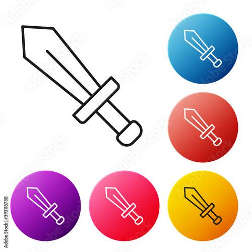 Black line Sword for game icon isolated on white background. Set icons colorful circle buttons. Vector.