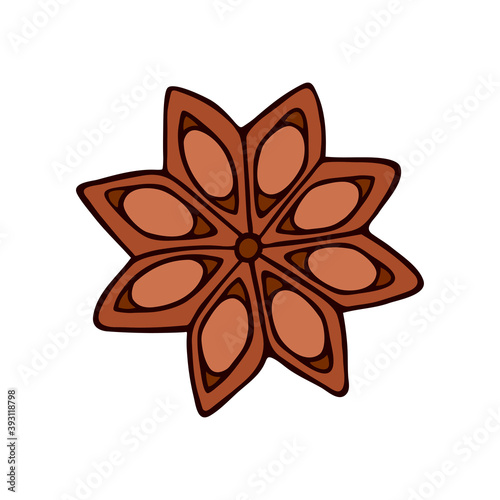 Vector illustration. Badian isolated on white. Hand drawn simple anise doodle clipart. Spice for mulled wine and eggnog. Perfect for menu, poster, food banner, collage, Christmas projects, patterns.