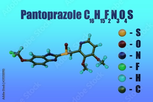 Structural chemical formula and molecular model of pantoprazole, a medication used treat certain stomach and esophagus problems (such as acid reflux). Scientific background. 3d illustration photo