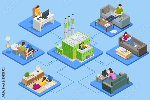 Isometric business man amd woman working at home. Waste Processing Plant. Technological process. Recycling and storage of waste for further disposal.