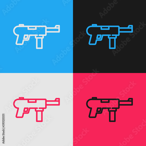 Pop art line Submachine gun M3, Grease gun icon isolated on color background. Vector.