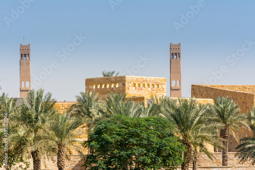 Palm trees and buildings of Diraiyah  also as Dereyeh and Dariyya  a town in Riyadh  Saudi Arabia  was the original home of the Saudi royal family  and served as the capital of the Emirate of Diriyah.
