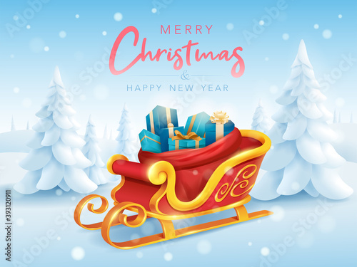 Merry Christmas. Santa sleigh with sack bag loaded with gift box presents on horizontal winter landscape background. 